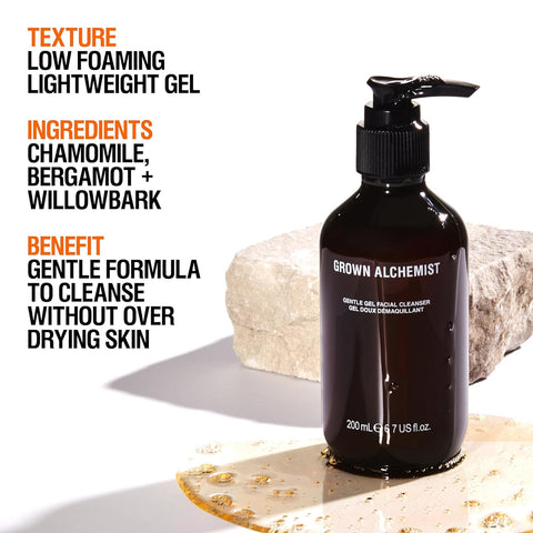 Grown Alchemist Gentle Gel Facial Cleanser with Bergamot and Rosebud. Hydrating Exfoliating Face Wash with Willow Bark, a Salicylic Acid Alternative. Natural Facewash for Men and Women
