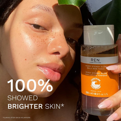 REN Clean Skincare Glow Tonic - Daily Facial Brightening - Exfoliate, Hydrate & Even Skin Tone with Resurfacing AHAs & BHAs - Cruelty Free & Vegan Pore Reducing Toner, 8.5 Fl Oz